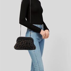 Vintage Halston Black and Gold Leaf-Print suede Crossbody Bag